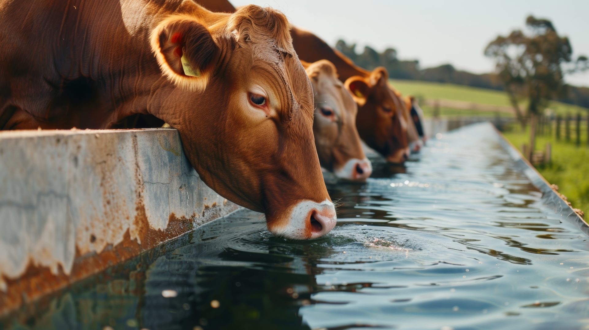 A row of cows peacefully drinking at a trough in the golden countryside light.