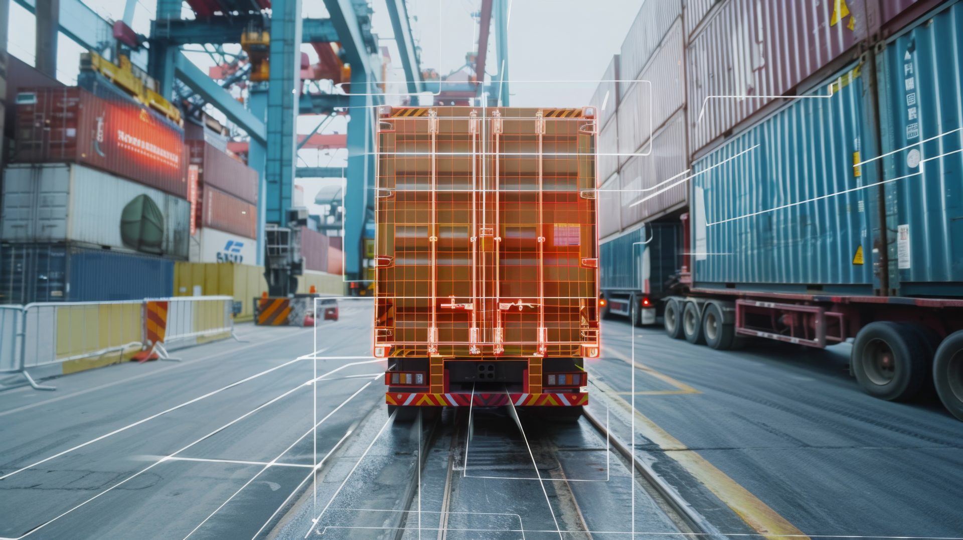 Create an image of smart sensors and tags monitoring the condition of goods during transportation, highlighting critical data points on an augmented reality overlay