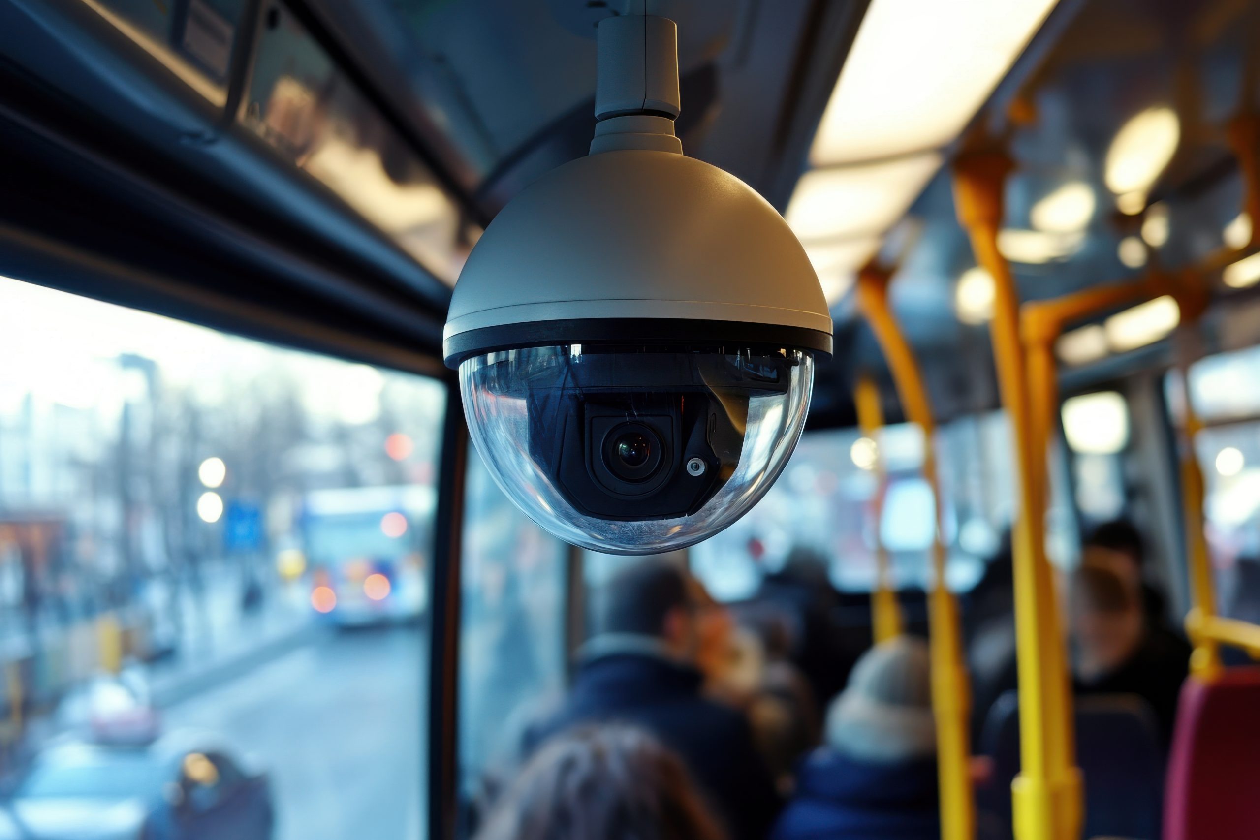 Dome surveillance camera on a public bus interior