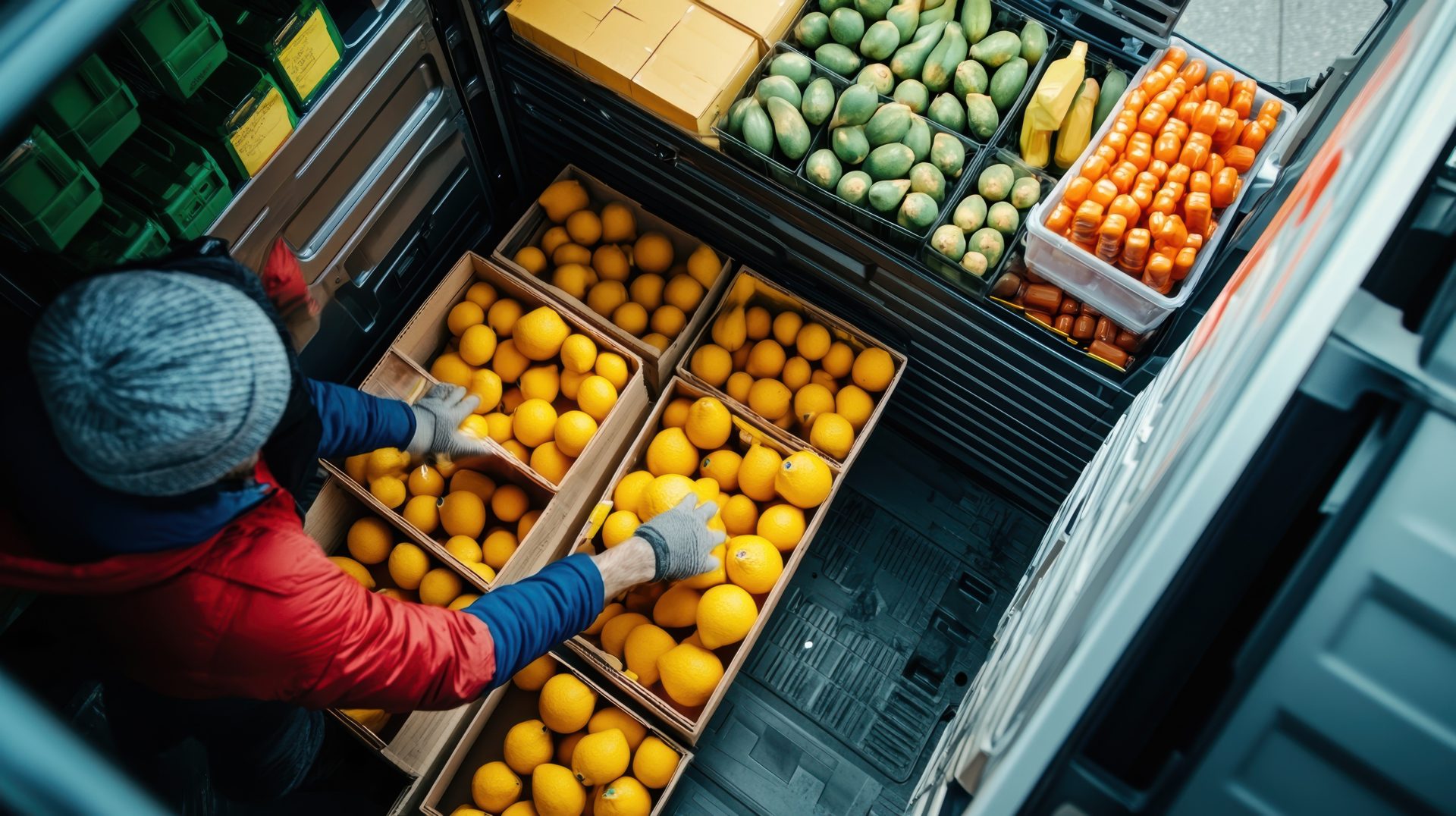 Delivery driver arranging crates of lemons and other fruits in truck bed