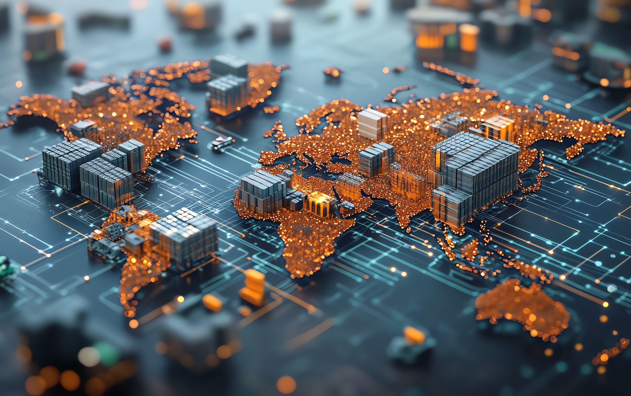 Conceptual illustration of international trade and supply chains, featuring interconnected global value chains between manufacturers, suppliers, and distributors across continents