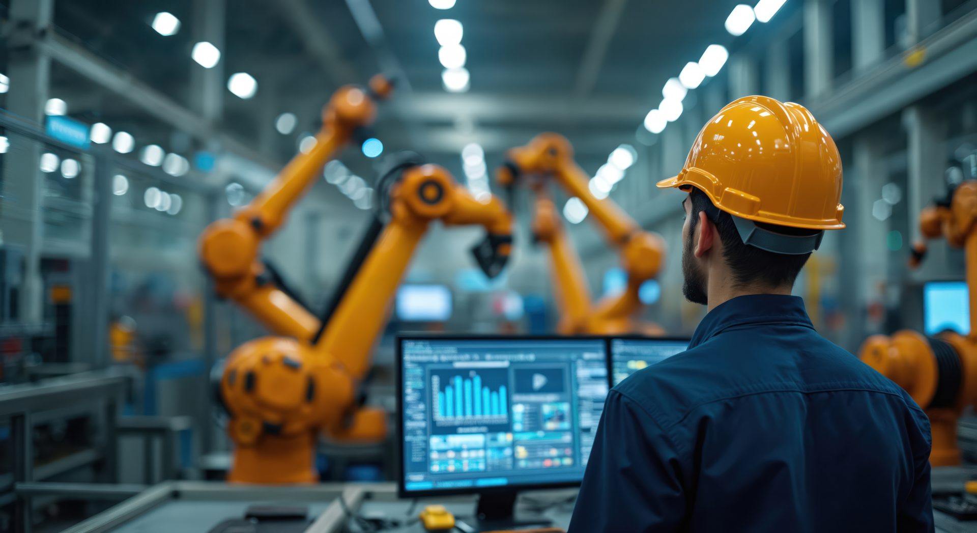 Factory worker observes robotic arms via computer screen. Automation manufacturing process Industry 4. 0, IOT software control operation. Modern digital industrial revolution, engineering in